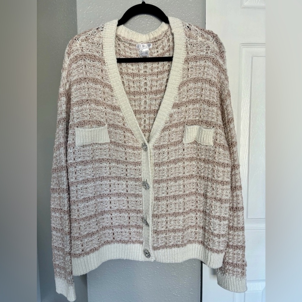 VENUS Cream and Brown Textured Cardigan Size L Oversized